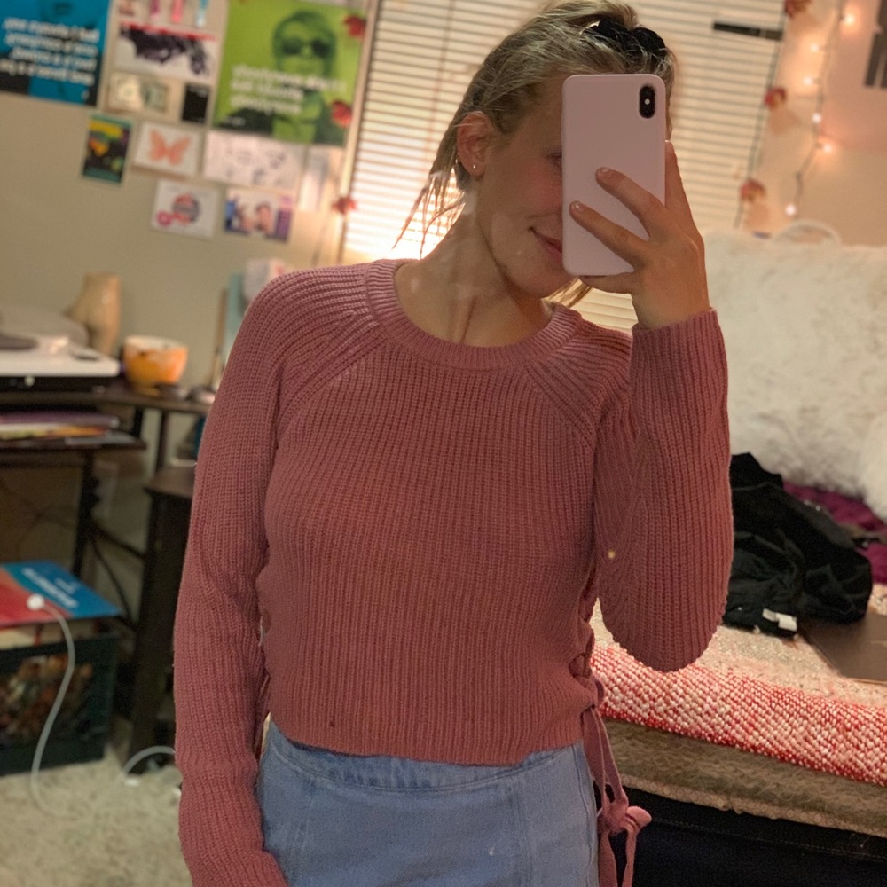 Pink Lace Up Sweater